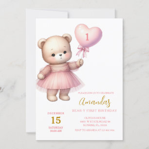 Girl Bear Heart Pink Balloons First Birthday  Invitation