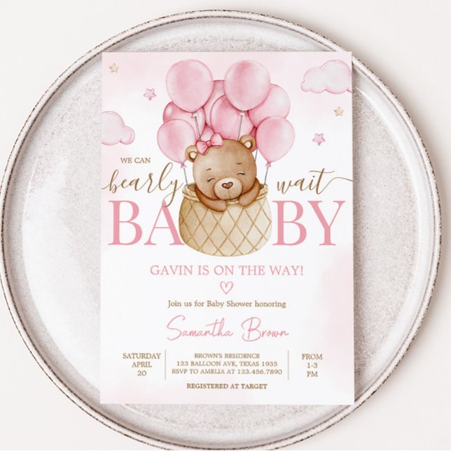 Girl Bear Hot Air Balloon Baby Shower  Invitation (Pink Boho Baby Bear Baby Shower Invitation)