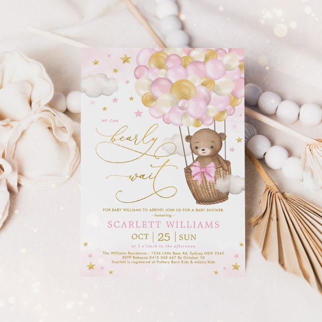 Girl Bear Hot Air Balloon Pink Gold Baby Shower Invitation (Creator Uploaded)