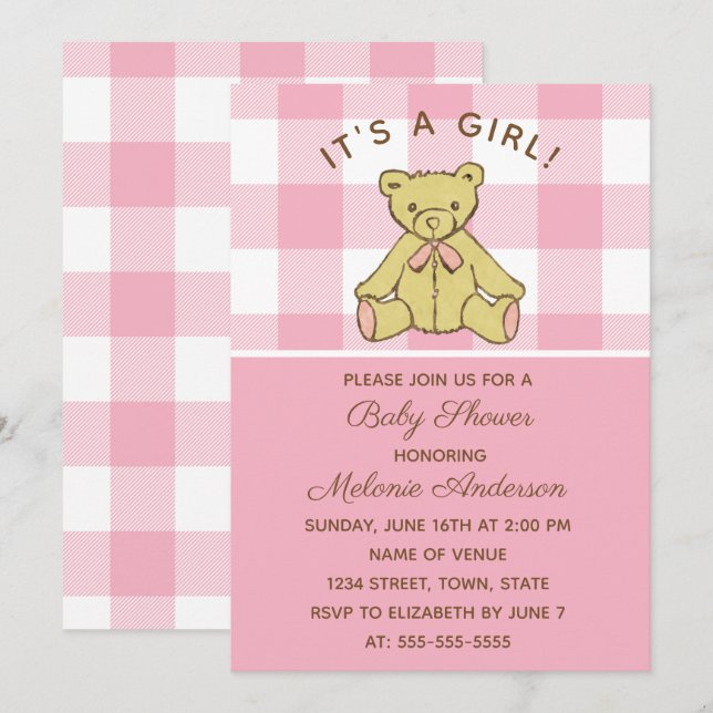 Girl Bear Pink Baby Shower Invitation (Front/Back)