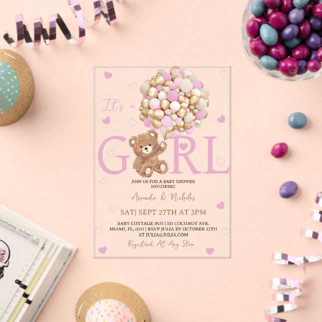 Girl Bear Pink Gold Balloons Baby Shower Acrylic Invitations (Insitu (Celebration))