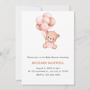 Girl Bear with Balloons Baby shower Invitation