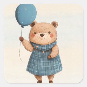 Girl Bear with Blue Plaid Dress and Balloon Square Sticker