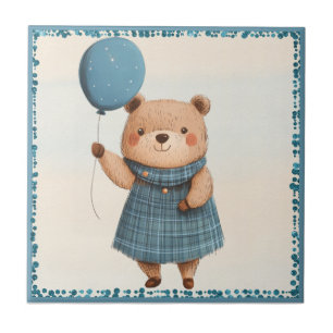 Girl Bear with Blue Plaid Dress and Balloon Tile