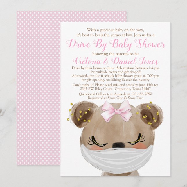 Girl Bear with Mask Drive By Baby Shower Invitation (Front/Back)