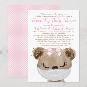 Girl Bear with Mask Drive By Baby Shower Invitation