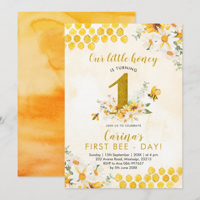 Girl Bee First Birthday Invitation (Front/Back)