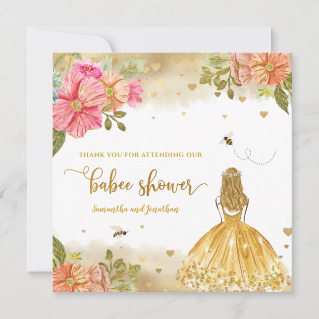 Girl Bee Illustration Baby Shower Thank You Card (Front)