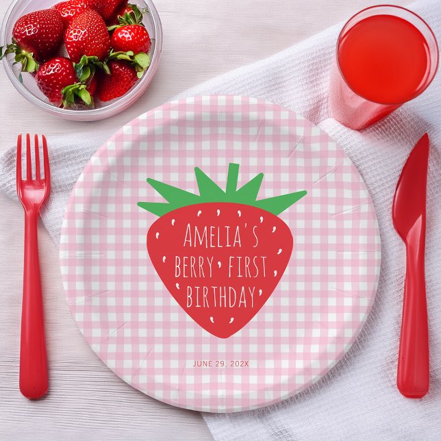 Girl Berry First Birthday Strawberry on Pink Plaid Paper Plate (Creator Uploaded)