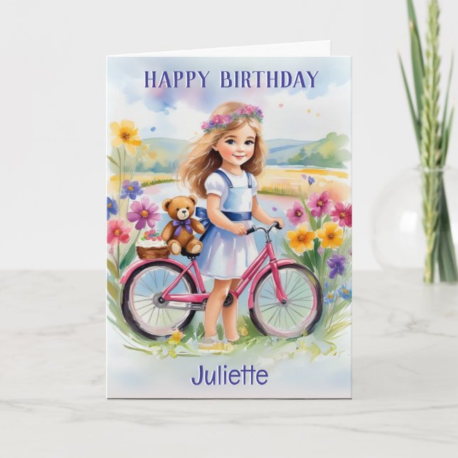 Girl Bicycle Flowers Teddy Pretty Happy Birthday Card (Front)