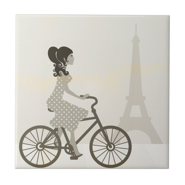 Girl Bicycle in Paris, Woman Cycling eiffel tower Tile (Front)