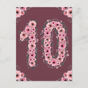 Girl Big 10th Birthday Pink Flowers Green Foliage Postcard