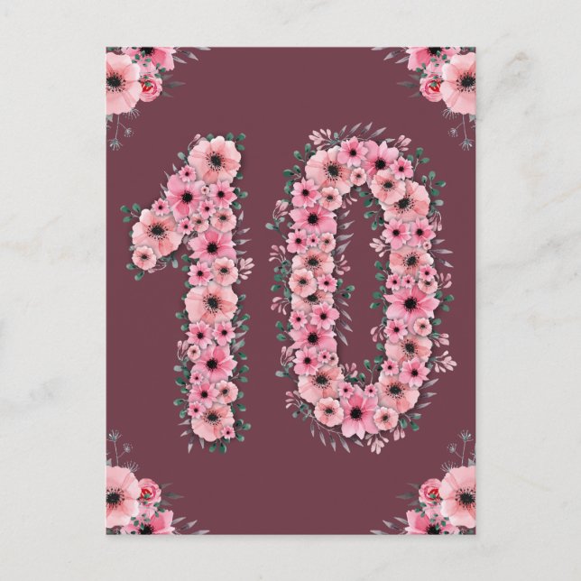 Girl Big 10th Birthday Pink Flowers Green Foliage Postcard (Front)