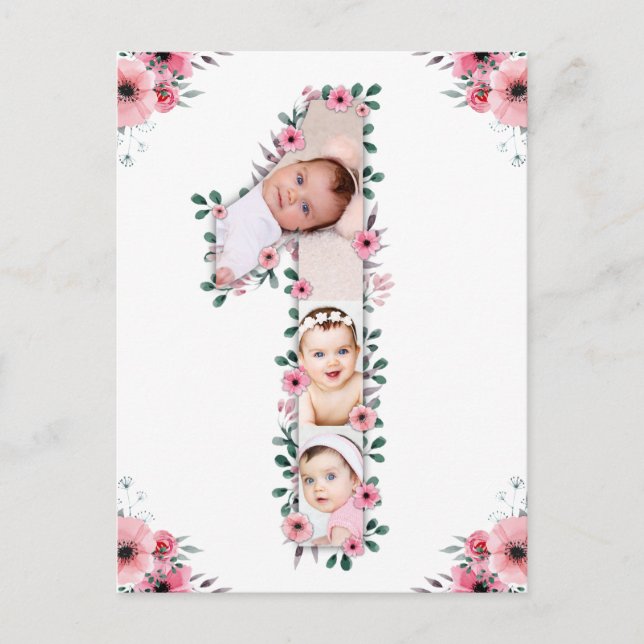 Girl Big 1st Birthday Photo Collage Pink Flower Postcard (Front)
