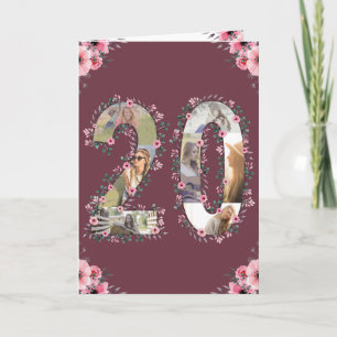 Girl Big 20th Birthday Photo Collage Pink Flower Card