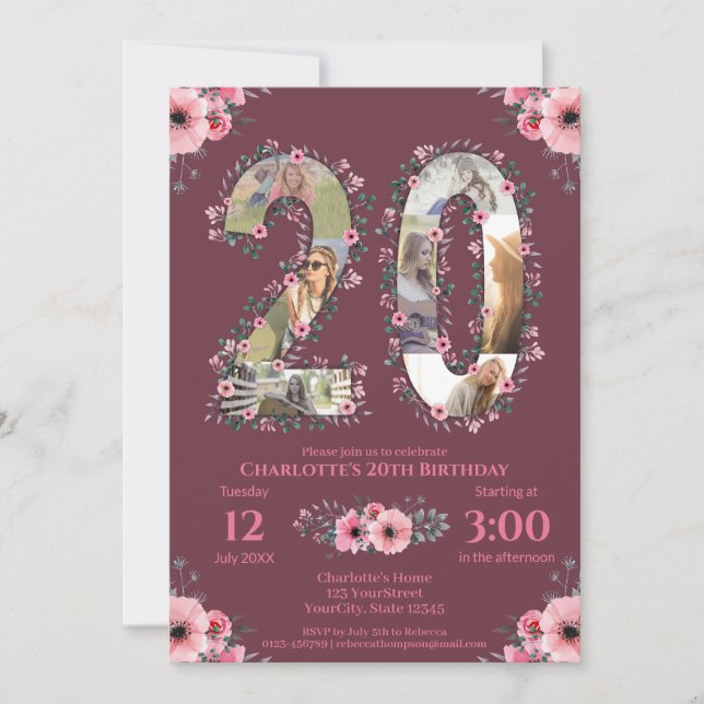 Girl Big 20th Birthday Photo Collage Pink Flower Invitation (Front)