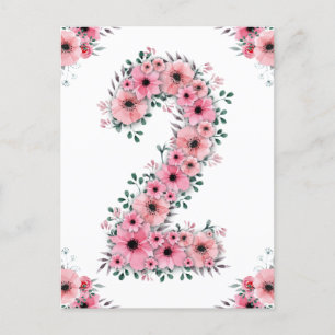 Girl Big 2nd Birthday Pink Flowers Green Foliage Postcard