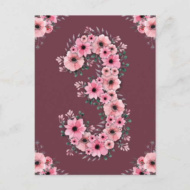 Girl Big 3rd Birthday Pink Flowers Green Foliage Postcard (Front)