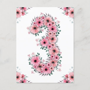 Girl Big 3rd Birthday Pink Flowers Green Foliage Postcard