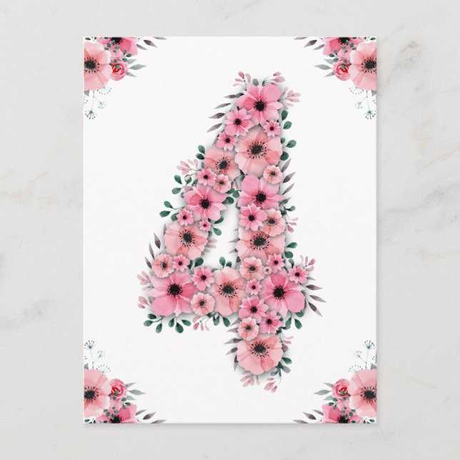 Girl Big 4th Birthday Pink Flowers Green Foliage Postcard (Front)