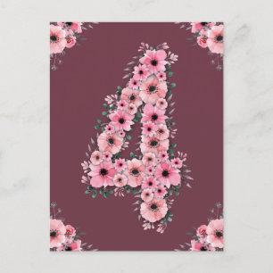 Girl Big 4th Birthday Pink Flowers Green Foliage Postcard