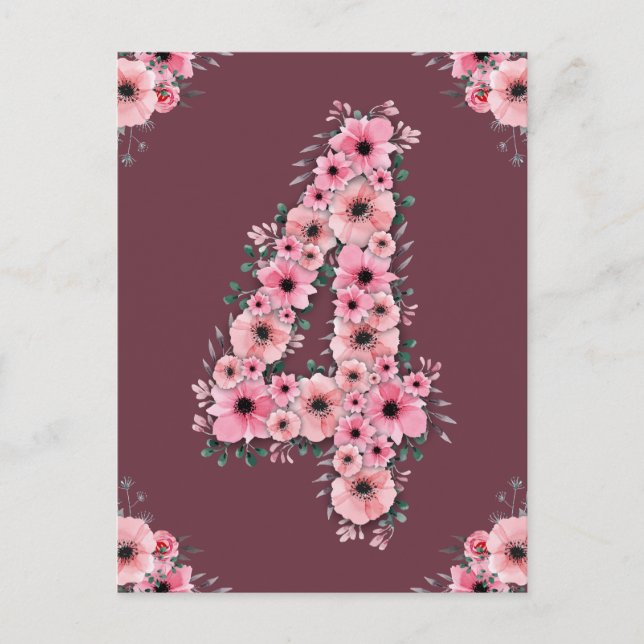 Girl Big 4th Birthday Pink Flowers Green Foliage Postcard (Front)