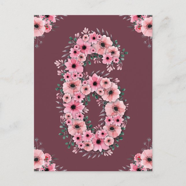 Girl Big 6th Birthday Pink Flowers Green Foliage Postcard (Front)