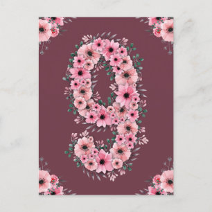 Girl Big 9th Birthday Pink Flowers Green Foliage Postcard