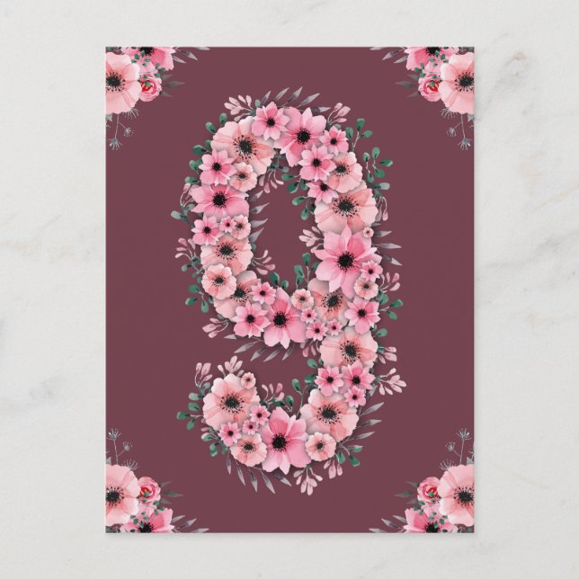 Girl Big 9th Birthday Pink Flowers Green Foliage Postcard (Front)
