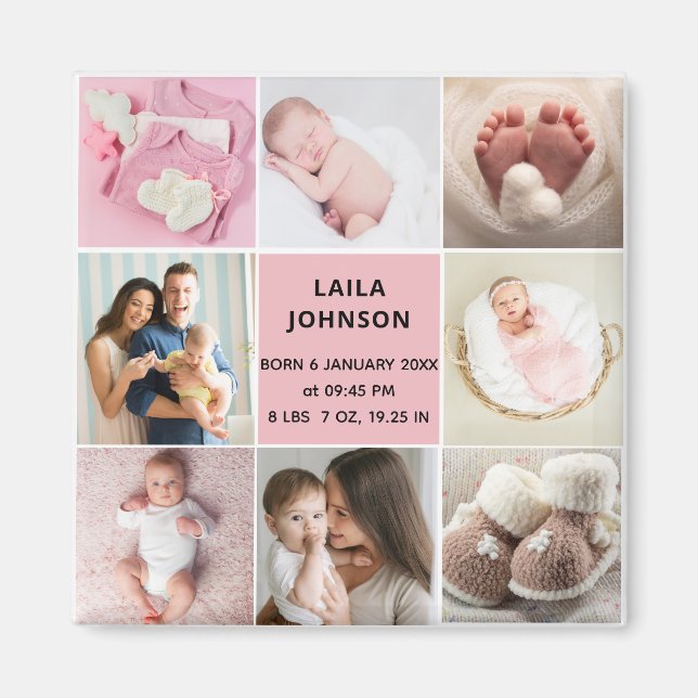 Girl Birth Announcment Personalize 8 Photo Pink  Magnet (Front)