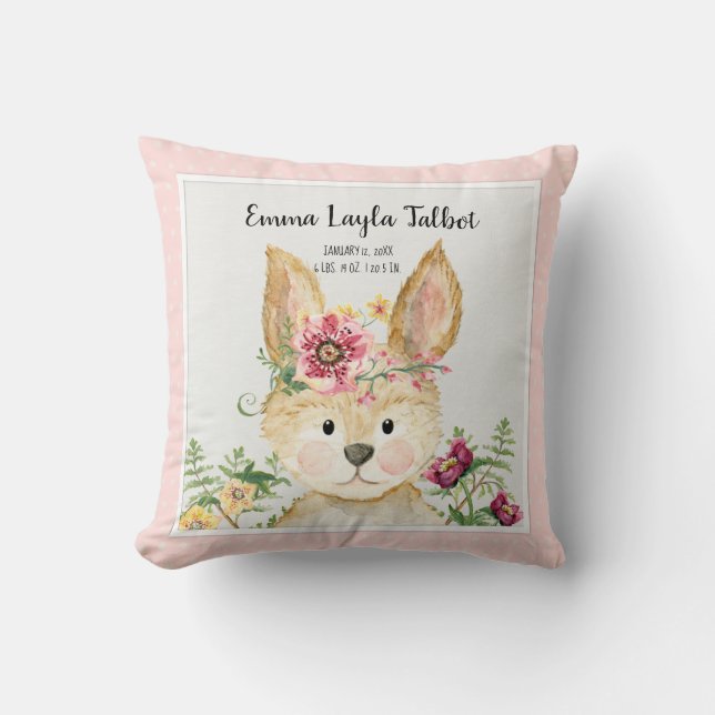 Girl Birth Stats Bunny Watercolor Woodland Animal Cushion (Front)