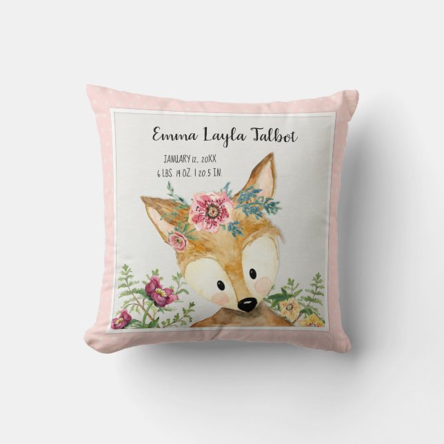 Girl Birth Stats Deer Watercolor Woodland Animal Cushion (Front)