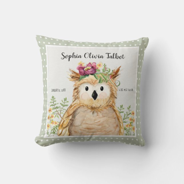Girl Birth Stats Owl Watercolor Woodland Animal Cushion (Front)