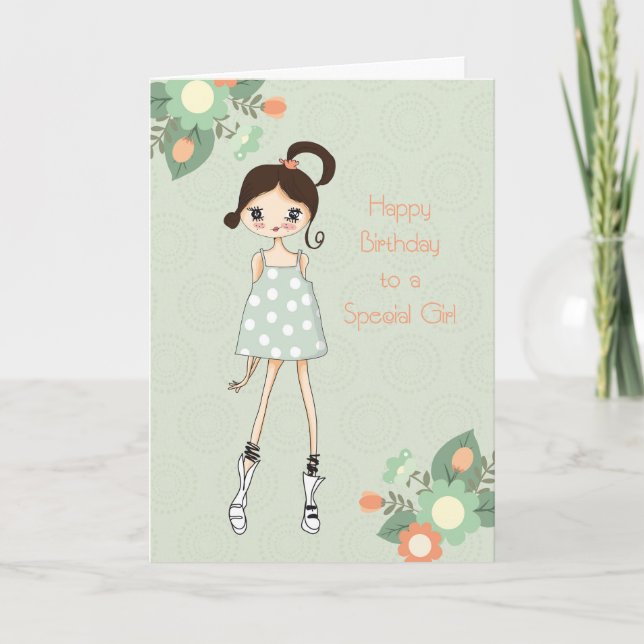 Girl Birthday, Brunette, Sage Green Floral Card (Front)