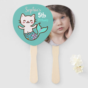 Girl Birthday Cat Mermaid Cute Photo Blue Meowmaid Hand Fan