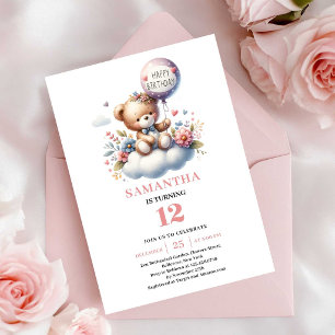 Girl Birthday Cute Teddy Bear Balloon Party Invite