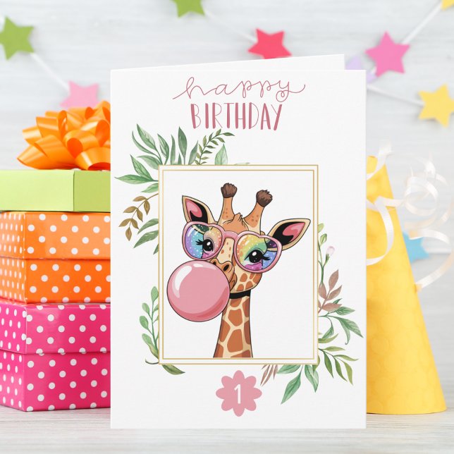 Girl Birthday Giraffe Rainbow Glasses Bubble Cute Card (Creator Uploaded)