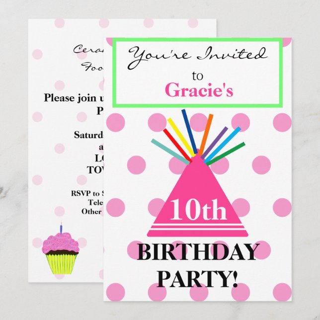 Girl Birthday Hat Pink Cupcake Invitation (Front/Back)