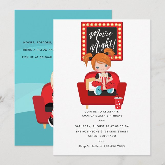 Girl Birthday Movie Night Sleepover Party Invitation (Front/Back)