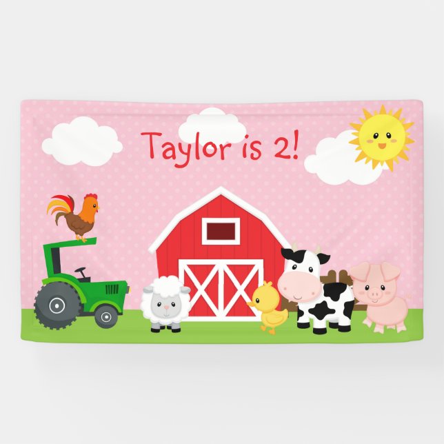 Girl Birthday Party Backdrop Banner (Farm Animal) (Horizontal)
