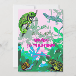 Girl birthday party chameleon, lizard, frog  invitation