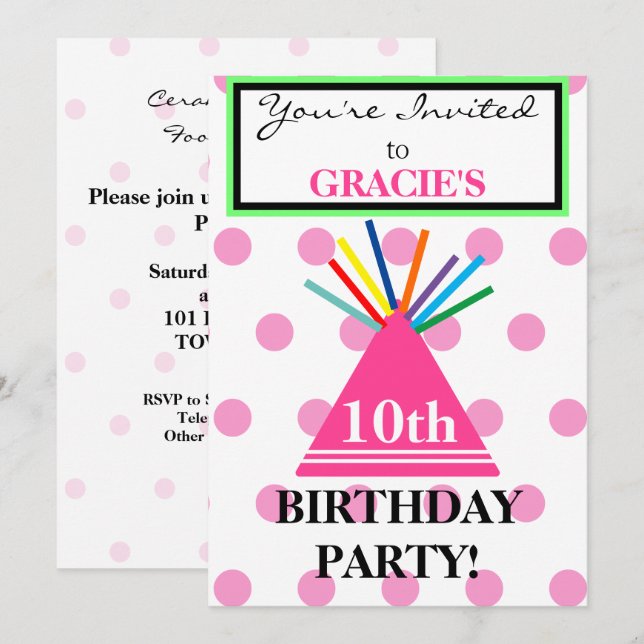 Girl Birthday Party Hat Pink Polka Dots Invitation (Front/Back)