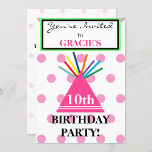 Girl Birthday Party Hat Pink Polka Dots Invitation