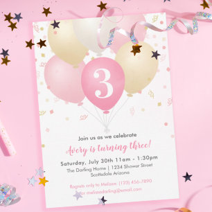Girl Birthday Party Pink, Gold & White Balloons Invitation