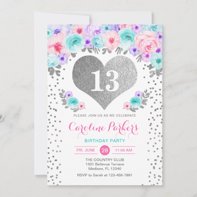 Girl Birthday Party - Silver Teal Purple Pink Invitation (Front)