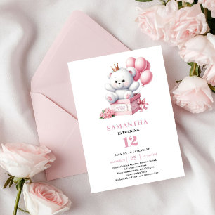 Girl Birthday Party Teddy Bear Pink Ivory Balloons Invitation