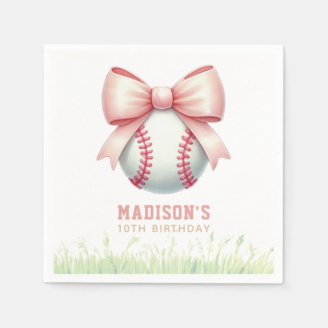 Girl Birthday Personalized Pink Baseball Bow Napkin (Front)