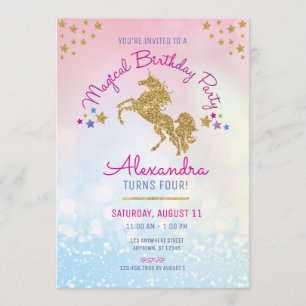 Girl Birthday Pink Gold Unicorn Glitter Invitation