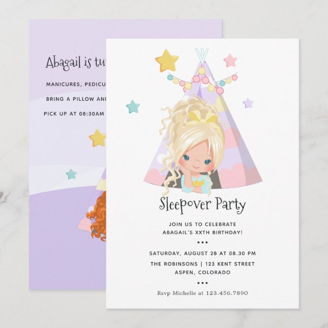 Girl Birthday Slumber Party Invitation (Front/Back)