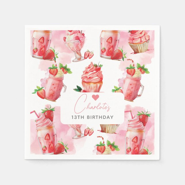 Girl Birthday Strawberry Milkshake Personalised Napkin (Front)